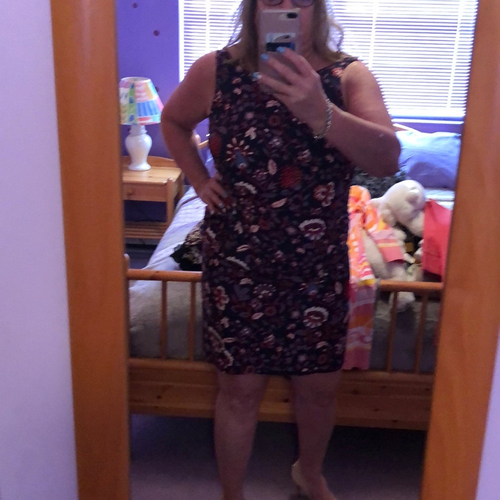 Navy, red, and white dress, ruched above the waist